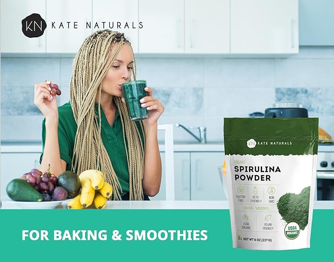 Kate Naturals Organic Spirulina Powder for Immune Support and Antioxidants. Nutrient Dense Superfood Supplement (8 oz, USDA Certified, Non-GMO, Gluten- Free)