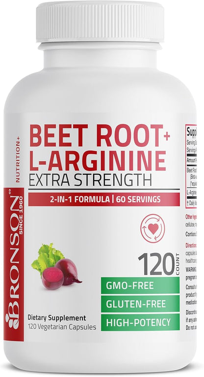 Bronson Beet Root + L-Arginine Nitric Oxide Production- Non-GMO, 120 Vegetarian Capsules