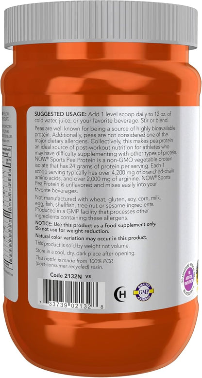 NOW Foods Sports Nutrition, Pea Protein 24 g, Easily Digested, Unflavored Powder, 12-Ounce