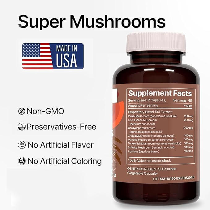 Super Mushrooms 8-in1 Capsules - Brain Booster & Immune Support Drops - Reishi, Lion`s Mane, Cordyceps, Chaga, Mitake, Turkey Tails, Shiitake, Agaricus - High Potency Extract 90 Capsules