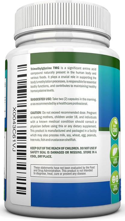 TMG Trimethylglycine Supplement - 1000mg - 180 Capsules - Premium Pure Betaine Anhydrous - Supports Normal Homocysteine & Blood Pressure Levels - Promotes Methylation Processes - Non-GMO Formula