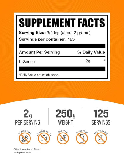 BulkSupplements.com L-Serine Powder - Serine Supplement, Amino Acid Powder - Unflavored & Gluten Free, 2g per Serving, 250g (8.8 oz) (Pack of 1)