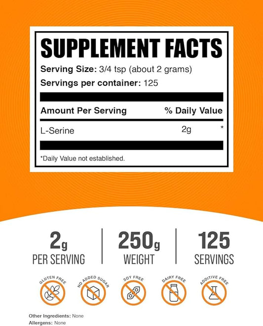 BulkSupplements.com L-Serine Powder - Serine Supplement, Amino Acid Powder - Unflavored & Gluten Free, 2g per Serving, 250g (8.8 oz) (Pack of 1)