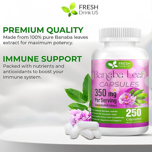 FRESHDRINKUS, 250 Banaba Capsules| High Potency Standardized| 100% from Natural Banaba Leaves Extract| 350mg per Capsule| 350mg per Serving| 250 Days Supply| Vegan Capsules| Non-GMO, Gluten-Free