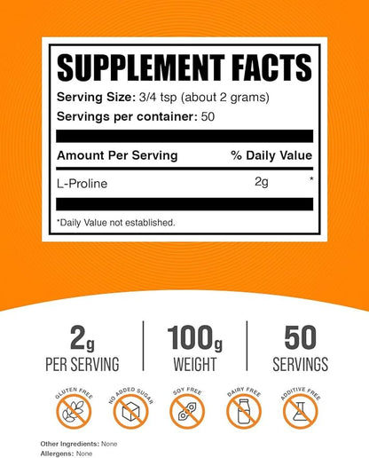 BulkSupplements.com L-Proline Powder - Proline Supplements, Amino Acid Powder - Unflavored & Gluten Free, 2g per Serving, 100g (3.5 oz) (Pack of 1)