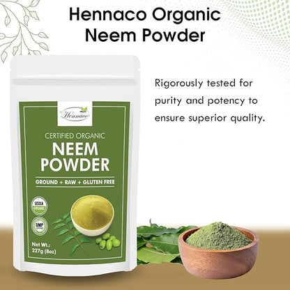 Organic Neem Powder| Ayurvedic Herb for Skin and Hair | Resealable Zip Lock Pouch | USDA Organic| Pure & Natural Neem Powder for Drinking| Dried Neem Leaves Powder| 227 Grams (8 OZ)