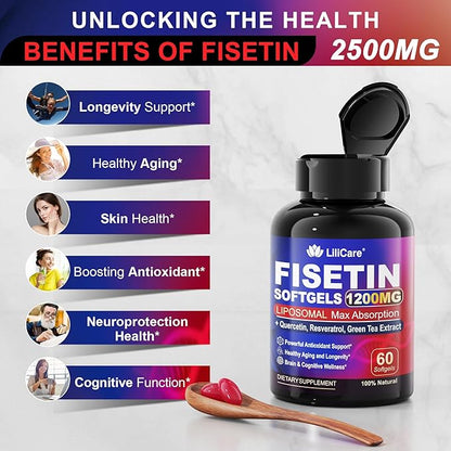 Fisetin Supplement - Liposomal Super Absorption 98% Pure 1200mg with Quercetin, Resveratrol, Green Tea Extract for Healthy Aging & Longevity, Skin Health, Brain & Antioxidant - 60 Softgels