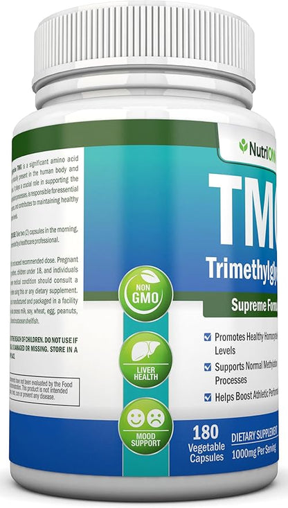 TMG Trimethylglycine Supplement - 1000mg - 180 Capsules - Premium Pure Betaine Anhydrous - Supports Normal Homocysteine & Blood Pressure Levels - Promotes Methylation Processes - Non-GMO Formula