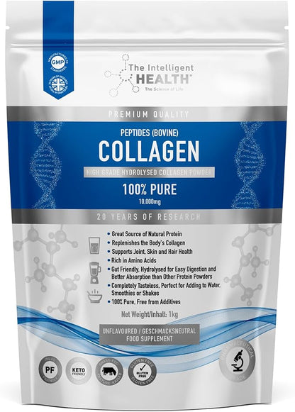 The Intelligent Health Hydrolyzed Collagen Peptides Powder, Grass Fed, High Protein, Unflavored, Gluten-Free, Paleo & Keto Friendly, 10g per Serving (1kg) Supports Skin, Hair, Nails, Joints, & Bones