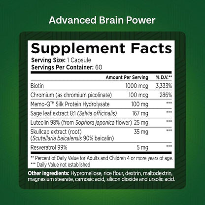 Advanced Brain Power - Supports Healthy, Normal Brain Function, Focus and Concentration, clinically formulated to Support Healthy Brain Clarity. (1 Bottle, 60, Count)