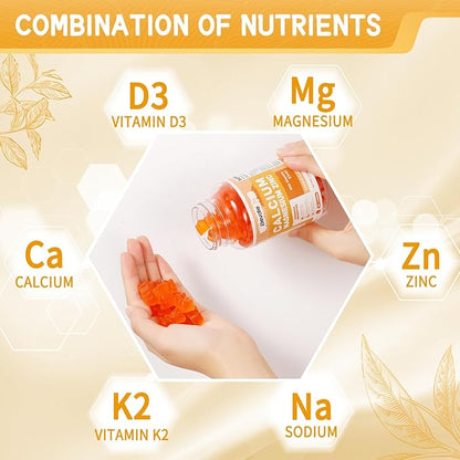 Calcium Magnesium Zinc Gummies with Vitamin D3 & K2 - High Potency Enhanced Absorption -60 Orange Gummies Flavored