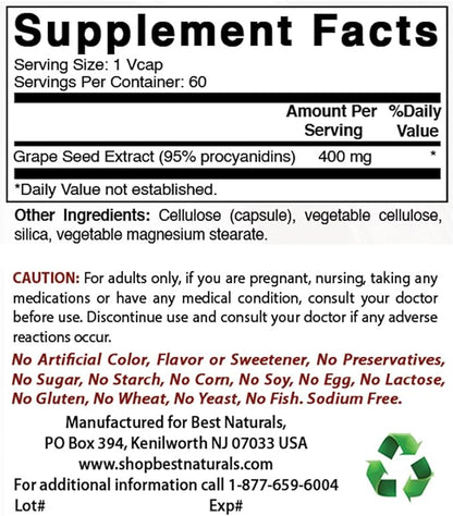 Best Naturals Grape Seed Extract 400 mg 60 Vcaps (60 Count (Pack of 3))