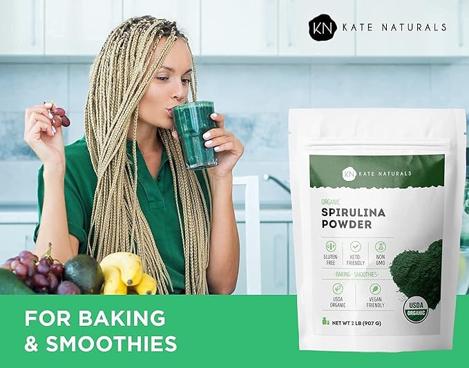 Kate Naturals Organic Spirulina Powder. Nutrient Dense Superfood for Smoothies and Juice (2 lb, USDA Certified, Non-GMO, Gluten- Free)