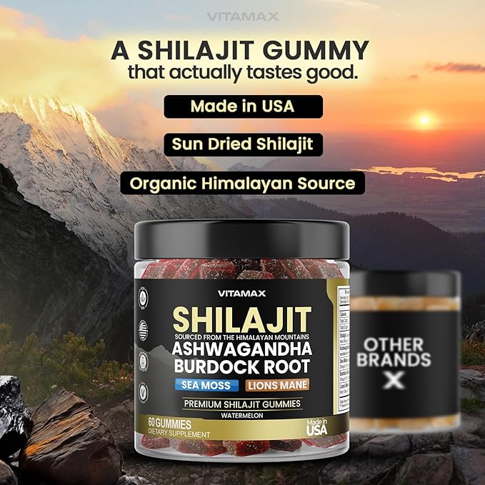 Organic Shilajit Gummies, Sea Moss, Ashwagandha, 105+ Trace Minerals – Organic Burdock Root & Lions Mane Mushroom – Watermelon Flavor - Vegan & Non-GMO – Made in USA – 60ct