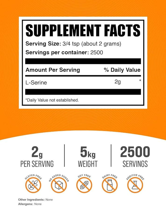 BulkSupplements.com L-Serine Powder - Serine Supplement, Amino Acid Powder - Unflavored & Gluten Free, 2g per Serving, 1kg (Pack of 5) (11 lbs)