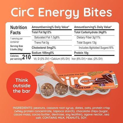 CirC Energy Bites - 12 Pack Peanut Chocolate Chip Gluten Free Protein Balls - 10g Protein, Whole Grains, Nuts & Fruit - Portable Healthy Snacks for Adults & Kids, 5 Piece Resealable Packs