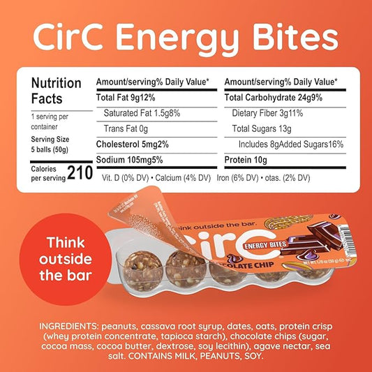 CirC Energy Bites - 12 Pack Peanut Chocolate Chip Gluten Free Protein Balls - 10g Protein, Whole Grains, Nuts & Fruit - Portable Healthy Snacks for Adults & Kids, 5 Piece Resealable Packs