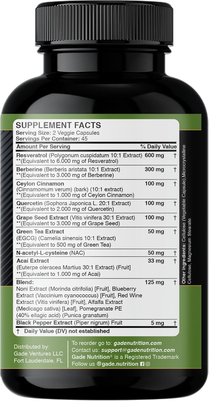 Gade Nutrition Resveratrol Berberine Quercetin Grape Seed Extract Green Tea Extract N-Acetyl Cysteine - 14 in 1 Complex Supplement for Women & Men with Potent Antioxidants - Made in USA
