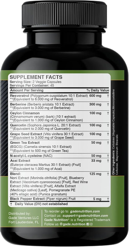 Gade Nutrition Resveratrol Berberine Quercetin Grape Seed Extract Green Tea Extract N-Acetyl Cysteine - 14 in 1 Complex Supplement for Women & Men with Potent Antioxidants - Made in USA