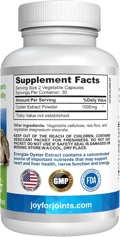 Energize Oyster Extract Supplement for Men & Women - Zinc, Taurine, Amino Acids - Supports Energy and Wellsness, Manufactured in USA, 500 mg, 60 Vegetable Capsules.