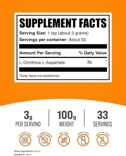 BulkSupplements.com L-Ornithine L-Aspartate Powder - Ornithine Supplement, Amino Acid Supplement - Gluten Free, 3g per Serving, 100g (3.5 oz) (Pack of 1)