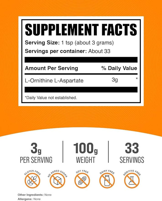 BulkSupplements.com L-Ornithine L-Aspartate Powder - Ornithine Supplement, Amino Acid Supplement - Gluten Free, 3g per Serving, 100g (3.5 oz) (Pack of 1)
