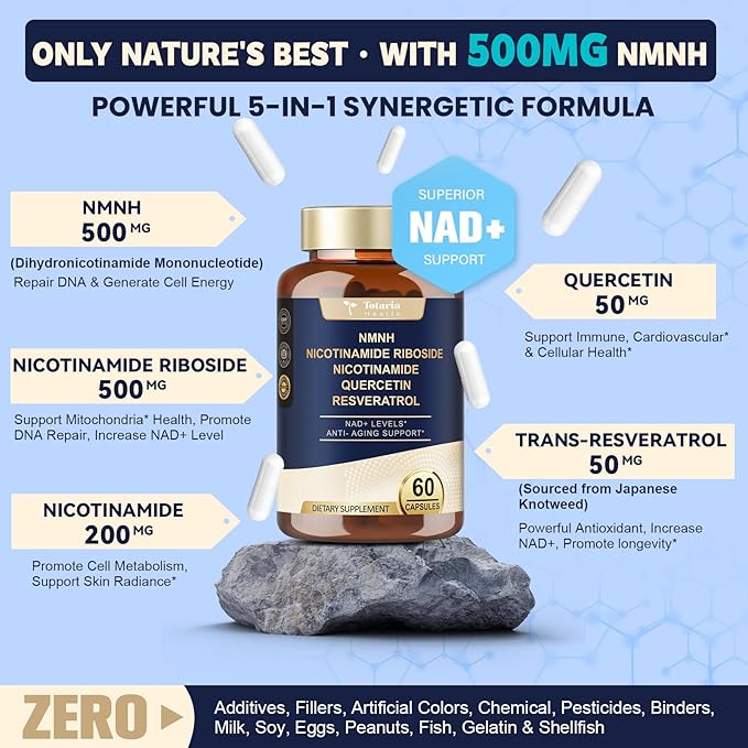 NMNH (NAD or NMN Alternative Supplement) (Dihydronicotinamide Mononucleotide) Ultra Strength, NAD+ Support w/NR, Resveratrol & Quercetin, Ultra Absorption for Anti-Aging, Vegan, USA Made