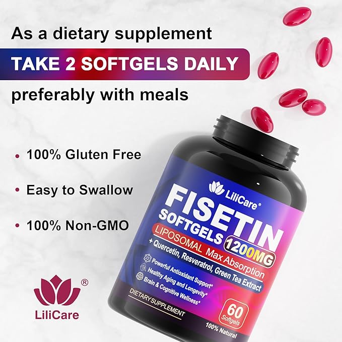 Fisetin Supplement - Liposomal Super Absorption 98% Pure 1200mg with Quercetin, Resveratrol, Green Tea Extract for Healthy Aging & Longevity, Skin Health, Brain & Antioxidant - 60 Softgels