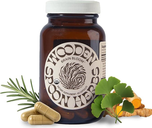 Wooden Spoon Herbs - Brain Bloom Supplement | Boosts Memory, Focus, Concentration, & Mental Agility | Organic Rosemary, Bacopa, & Lion’s Mane Supplement | Gluten-Free, Non-GMO, Vegan (60 CT, Capsules)