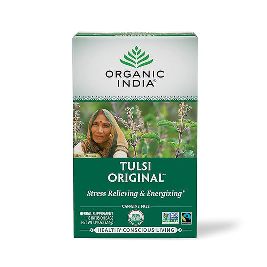 Organic India Tulsi Original Herbal Tea - Holy Basil, Stress Relieving & Energizing, Immune Support, Adaptogen, Vegan, USDA Certified Organic, Non-GMO, Caffeine-Free - 18 Infusion Bags, 1 Pack
