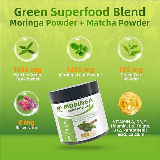 Organic Moringa Powder & Matcha Powder, Multi-Green Superfoods with Green Tea Resveratrol - Energy and Digestive Support, Rich in Antioxidants and Vitamin A D3 E B6 B12 Calcium, Non-GMO, Vegan, 8 oz