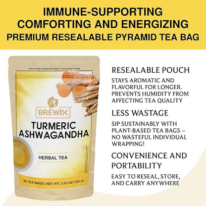 BREWIX, Turmeric Ashwagandha Herbal Tea Bags (50 Pyramid Tea Bags) Real Ingredients From India, Caffeine Free & Naturally Gluten Free | 100% Pure Herbal Blend Packed in Resealable Ziplock Pouch