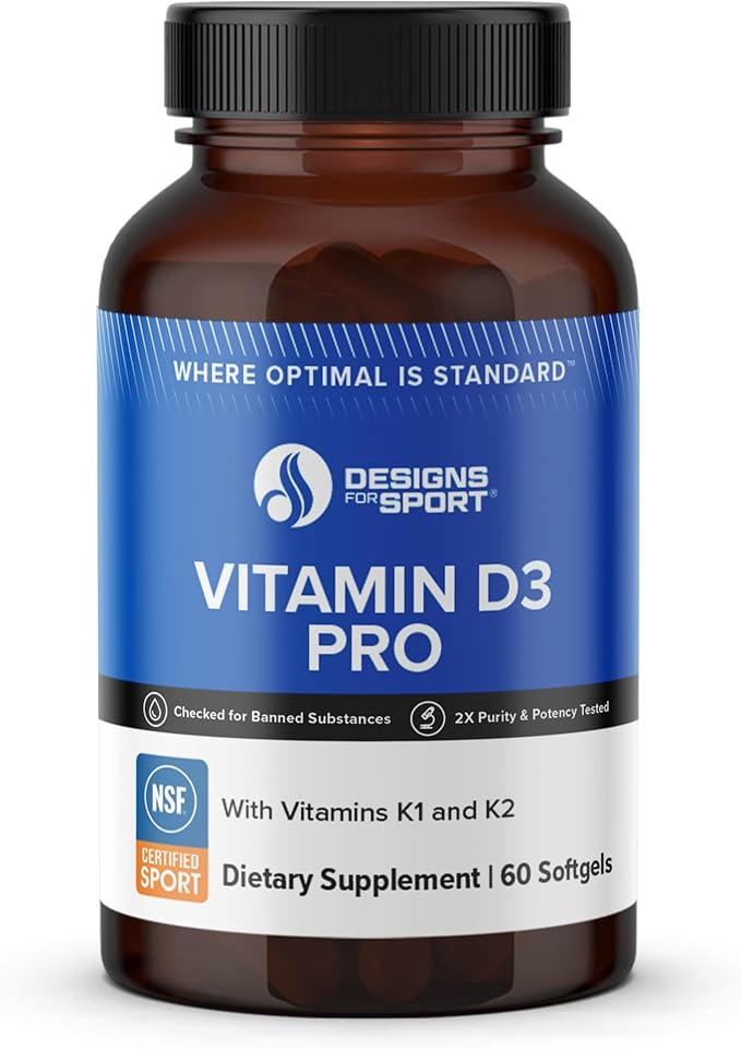 Designs for Sport Vitamin D3 Pro - Supports Bone Health & Immune Function* - Vitamins D3, K1 & K2 Blend - Gluten Free & Non-GMO - 60 Softgels