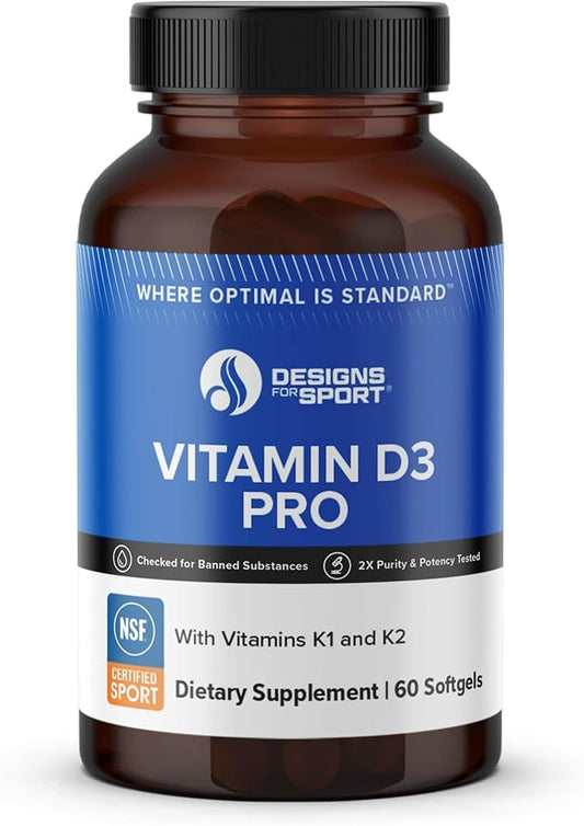 Designs for Sport Vitamin D3 Pro - Supports Bone Health & Immune Function* - Vitamins D3, K1 & K2 Blend - Gluten Free & Non-GMO - 60 Softgels