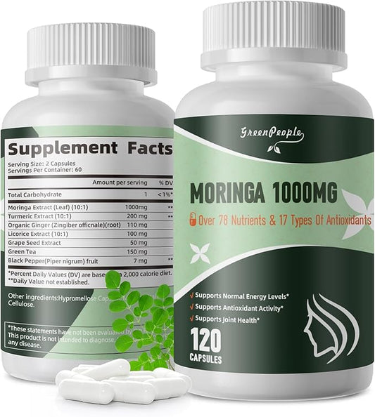 Moringa Capsules,Rich Moringa Powder with Turmeric & Ginger,Natural Green Antioxidant Superfood - Supports Energy,Skin Health,Gut Health,with Essential Vitamins & Amino Acids,120pcs-2 pack
