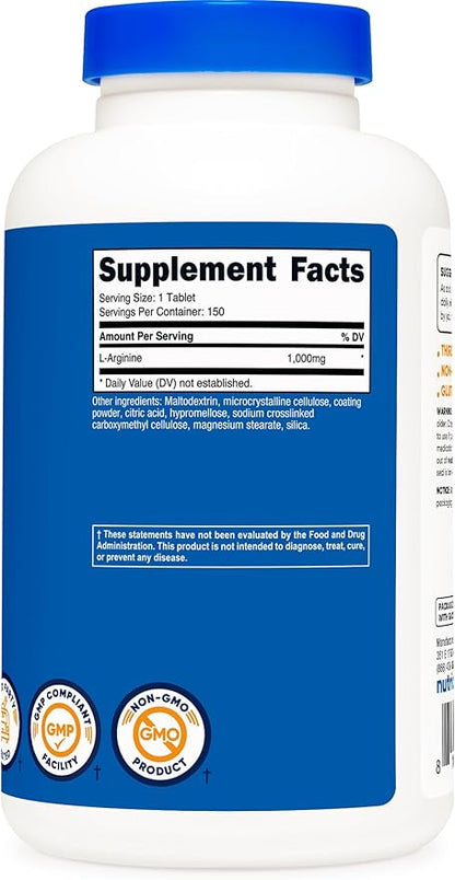 Nutricost L-Arginine 1000mg, Amino Acid Tablets (150 Tablets)