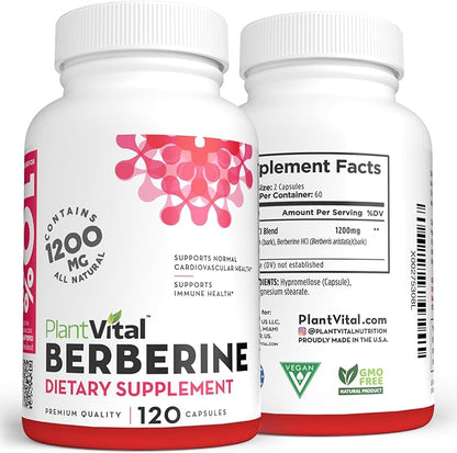 PlantVital Berberine 1200mg (2 caps) Non-GMO Supplement for Immunity Support and Normal Cardiovascular Health - 120 Count, Vegan, and Made in the USA