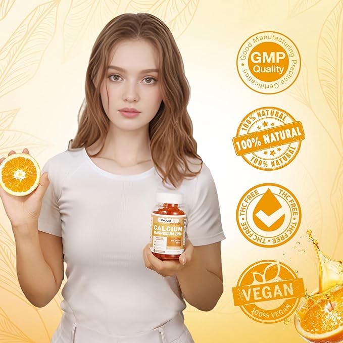 Calcium Magnesium Zinc Gummies with Vitamin D3 & K2 - High Potency Enhanced Absorption -60 Orange Gummies Flavored
