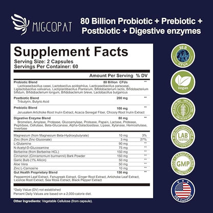 Probiotics for Digestive Health, 80 Billion CFU Probiotics, Prebiotics, Postbiotics & Digestive Enzymes, Gut Health Capsules with Berberine, Cinnamon, L-Glutamine, for Men & Women, 240 Counts