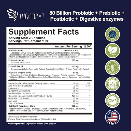 Probiotics for Digestive Health, 80 Billion CFU Probiotics, Prebiotics, Postbiotics & Digestive Enzymes, Gut Health Capsules with Berberine, Cinnamon, L-Glutamine, for Men & Women, 240 Counts