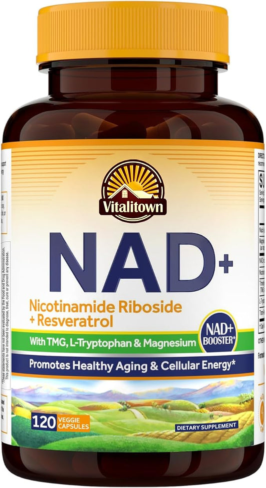 Vitalitown NAD Supplement, Nicotinamide Riboside, Trans-Resveratrol, Nicotinamide (B3), Trimethylglycine, NMN Alternative for Healthy Aging, Energy Metabolism and Vitality, 120 Capsules