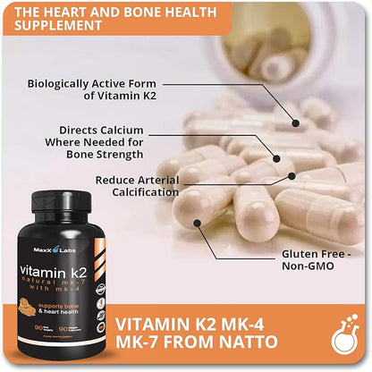 Vitamin K2 Supplement - Full Spectrum Vitamin K2-MK7, MK4 & Vitamin D - High Strength K2 Works with Vitamin-D3 - Vitamin-K 600mcg - Supports Bone Health - 90 Capsules