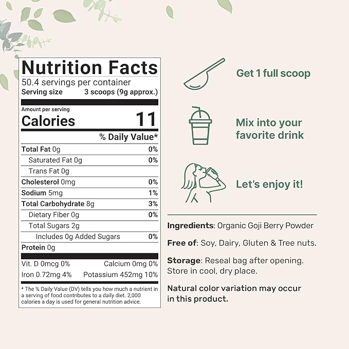 Organic Goji Powder, 16 Ounces | 100% Natural Fruit Source | Sulfate & Additive Free | Great Flavor for Drinks, Snacks, & Beverages | Non-GMO & Vegan