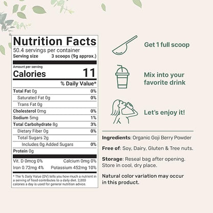 Organic Goji Powder, 16 Ounces | 100% Natural Fruit Source | Sulfate & Additive Free | Great Flavor for Drinks, Snacks, & Beverages | Non-GMO & Vegan