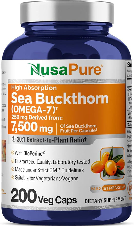 NusaPure Sea Buckthorn Omega-7 30:1 Extract, 250 mg Equivalent to 7,500mg per Veggie Caps - 200 Capsules - Non-GMO & Vegan