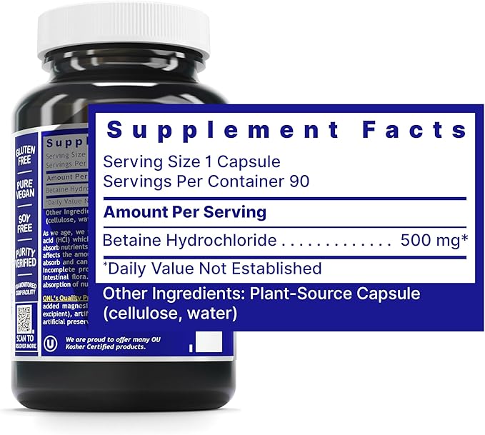 Quantum Nutrition Labs Quantum Betaine HCL - Betaine Hydrochloride, Betaine Hydrochloric Acid Supplement for Optimal Digestive Function and Low Stomach Acid, Betaine-HCL - 90 Plant-Based Capsules