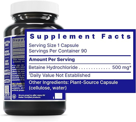 Quantum Nutrition Labs Quantum Betaine HCL - Betaine Hydrochloride, Betaine Hydrochloric Acid Supplement for Optimal Digestive Function and Low Stomach Acid, Betaine-HCL - 90 Plant-Based Capsules