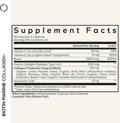 Codeage Biotin Marine Collagen Peptides - Wild-Caught Marine Collagen Types I & III, Biotin, Vitamins C & E, Hyaluronic Acid, Amino Acids, Fruit and Herb Blend, Non-GMO - 120 Capsules