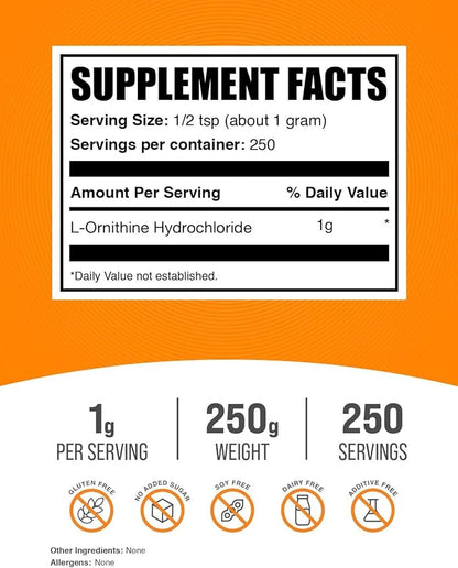 BulkSupplements.com L-Ornithine HCl Powder - Ornithine Supplement, Amino Acids Supplement - Gluten Free, 1g per Serving, 250g (8.8 oz) (Pack of 1)