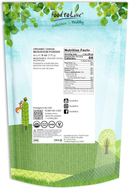 Food to Live Organic Chaga Mushroom Powder, 6 Ounces – All Natural Vegan Superfood for Immunity and Holistic Wellness. Rich in Antioxidants and Nutrient-Packed. Non-GMO. 100% Pure. Kosher